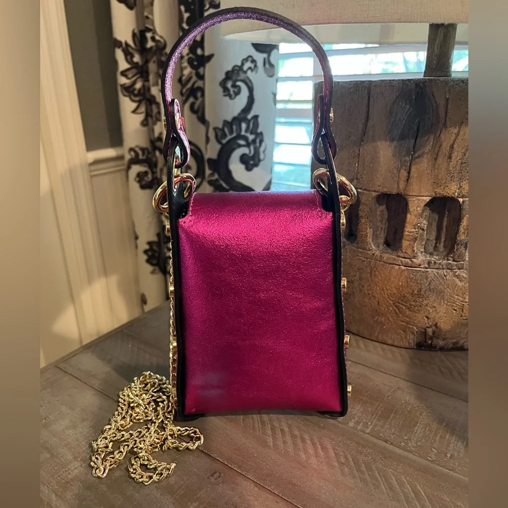 NWOT Vera Pelle Italian Leather Bee Handbag in Metallic Pink and Brilliant Gold - Picture 6 of 16